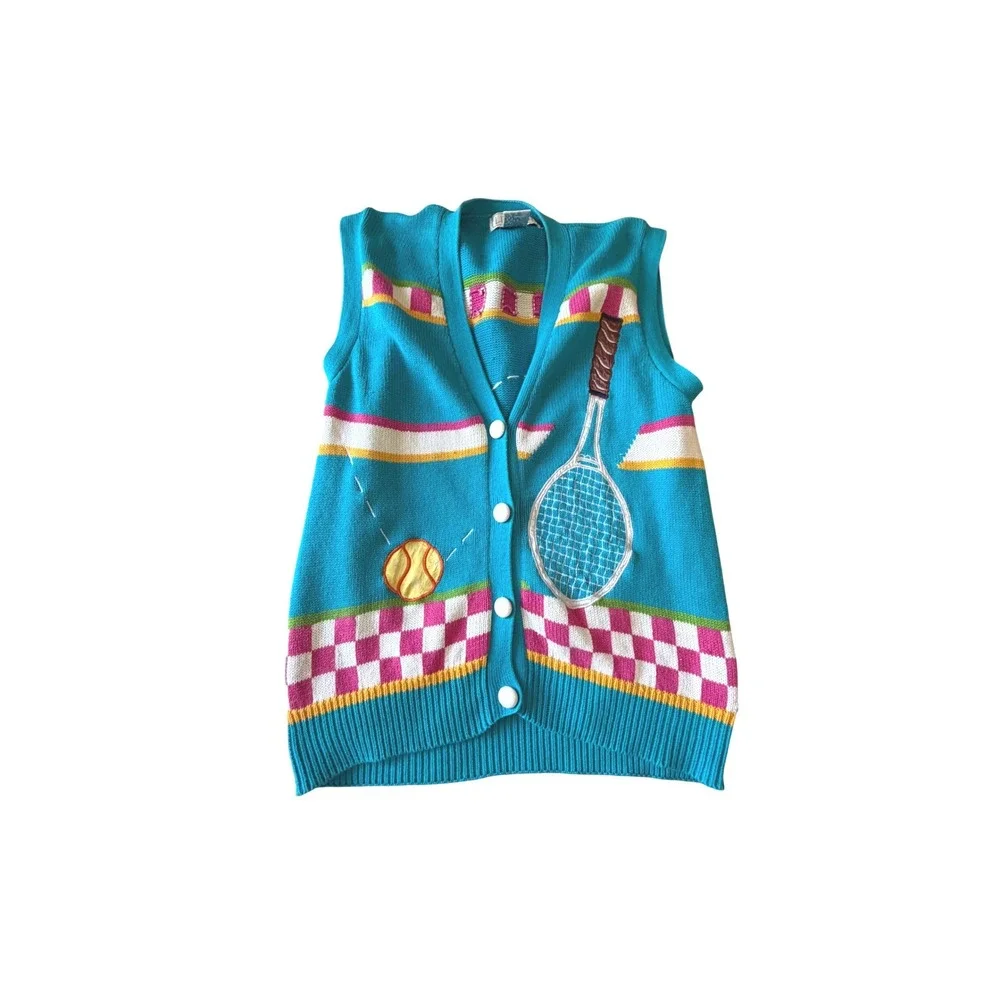 Lizi Ruch Vintage Tennis Sweater Vest Turquoise Blue Cotton Knit Cardigan Medium - Picture 1 of 10